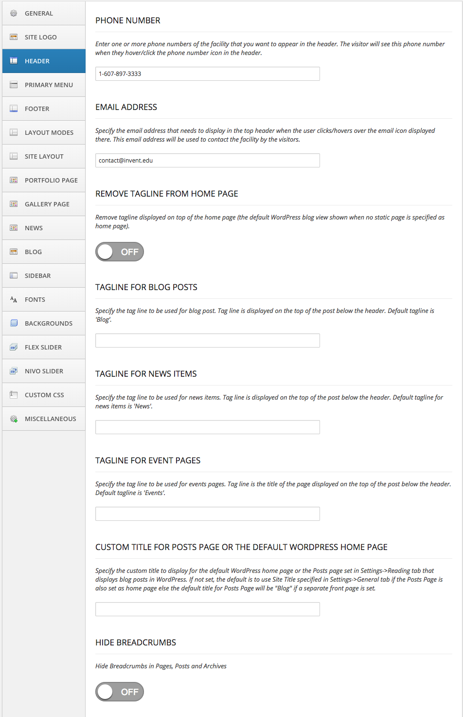 Header Option Panel