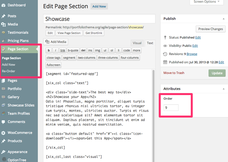 Page Section Edit for Single Page